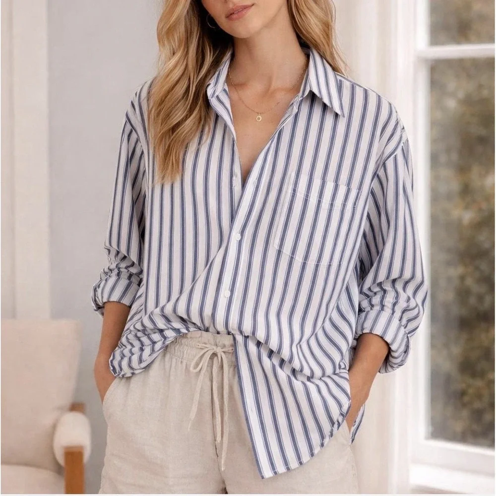 Maeve Anthropologie Blue Stripe Button Down Shirt XL Relaxed Oversized Coastal - Picture 2 of 10